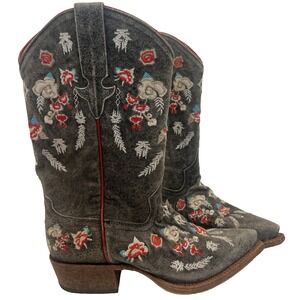 Macie Bean Boots Gray Floral Embroidered Leather Western Cowgirl Youth Size 5